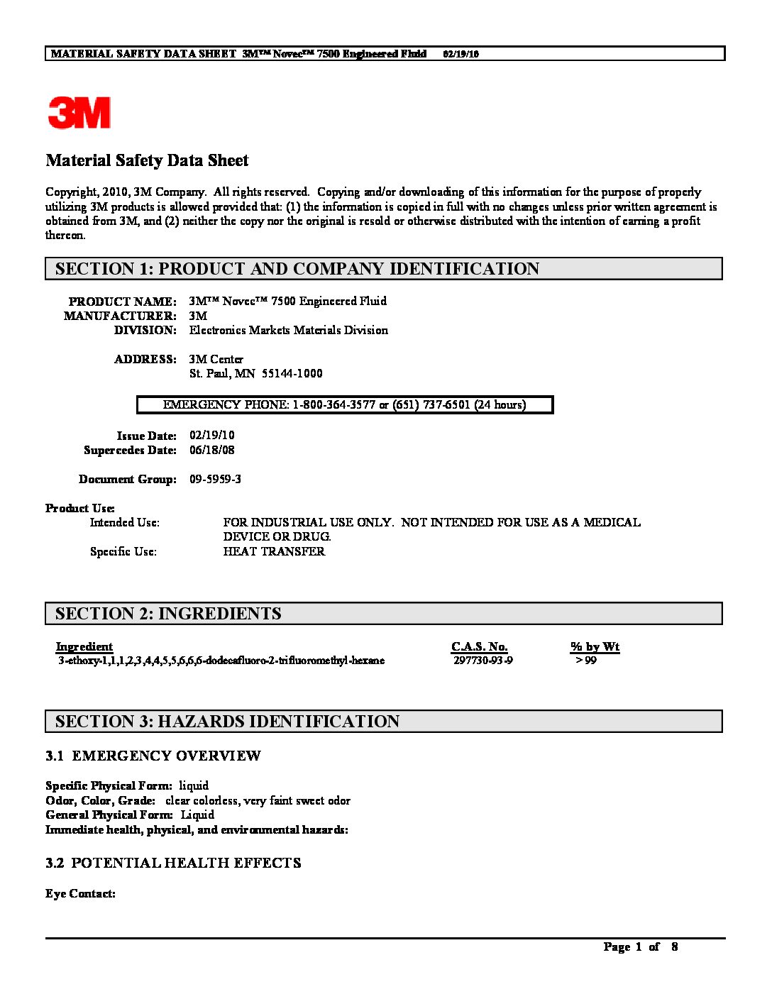HFE Cold Bath Fluke 3M Novec 7500 Engineered Fluid MSDS — Minerva